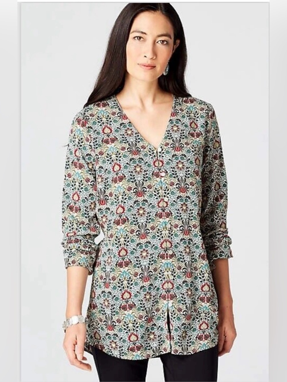 J. Jill Floral Print Rayon Tunic Blouse Women’s Small Boho Long Sleeve Split Hem